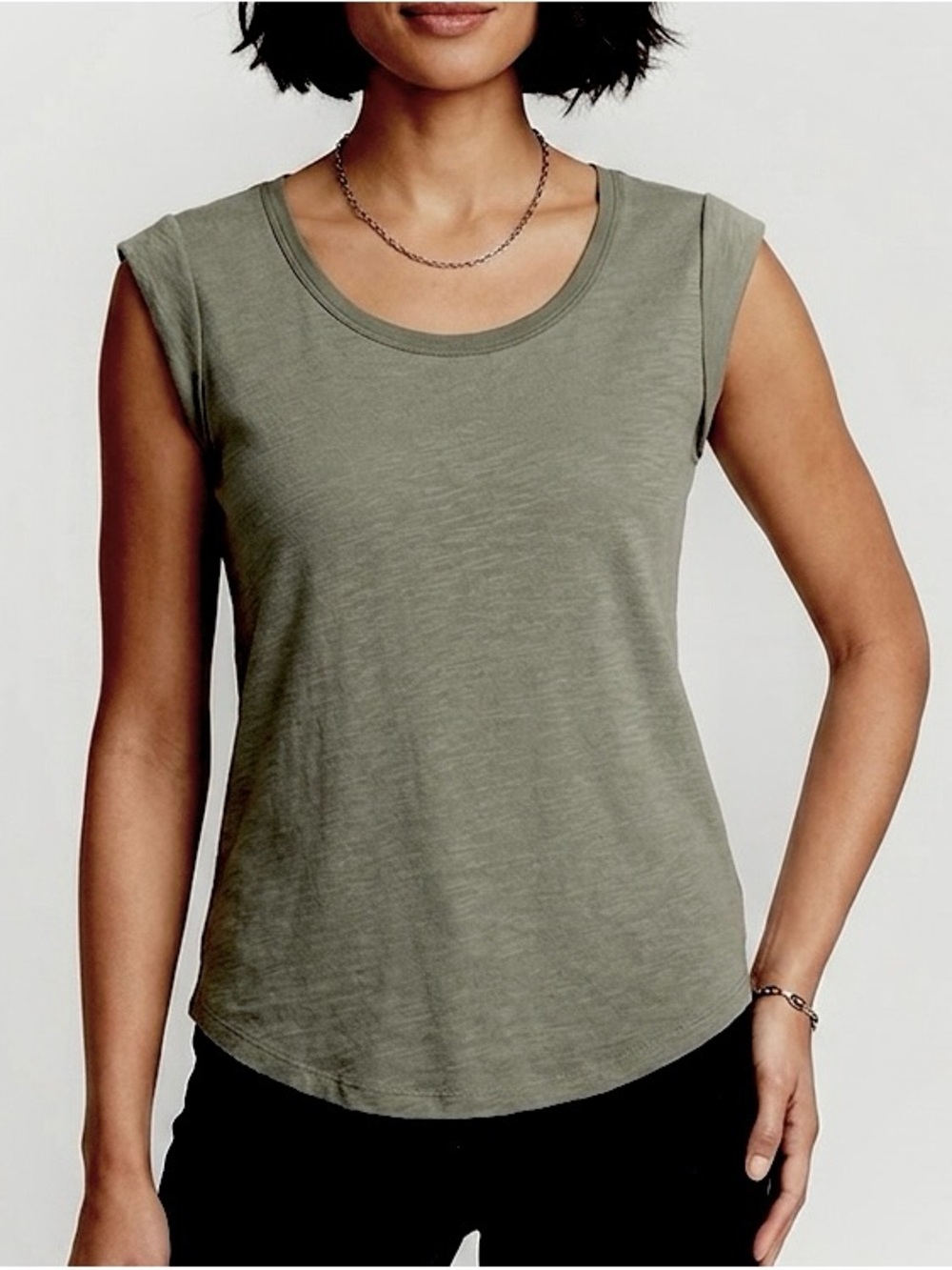 WHBM Olive Green Slub Knit Cap Sleeve Scoop Neck Top XS